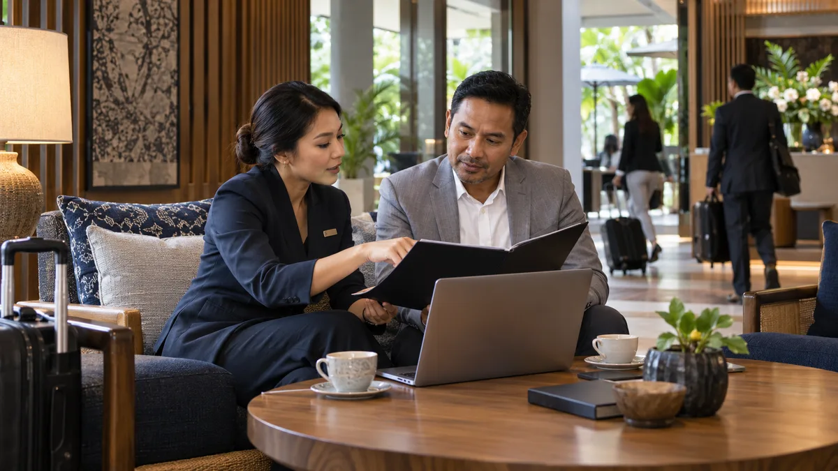 Hotel sales manager and corporate travel coordinator reviewing a booking folder in a meeting lounge