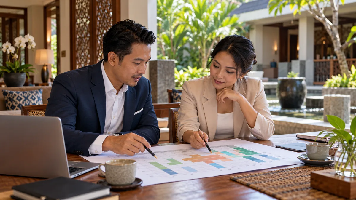 Hotel managers reviewing a color-coded weekly demand calendar together