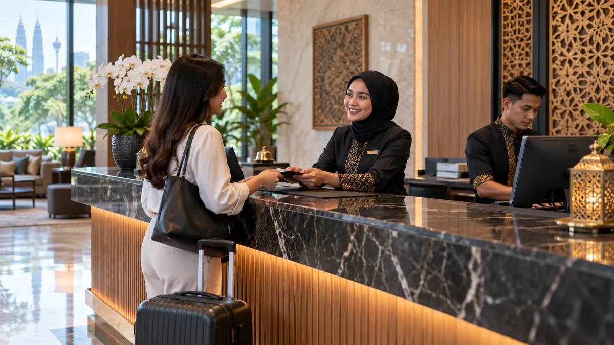 Front desk team assisting a guest while checking reservations on a computer