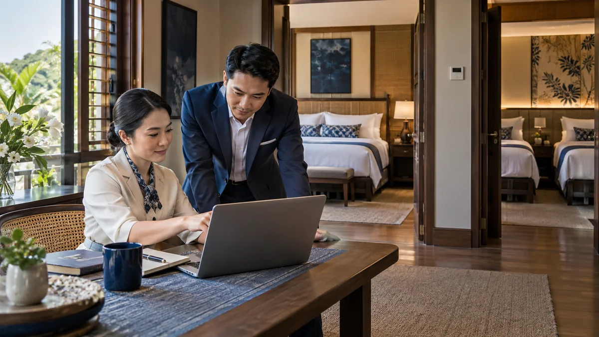Two hotel reservations colleagues comparing room information on a laptop near guest-room entrances