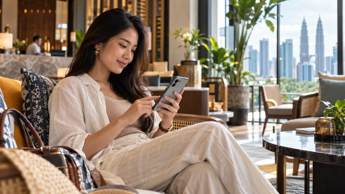 Hotel guest checking a direct reservation on her phone in a Malaysian hotel lounge